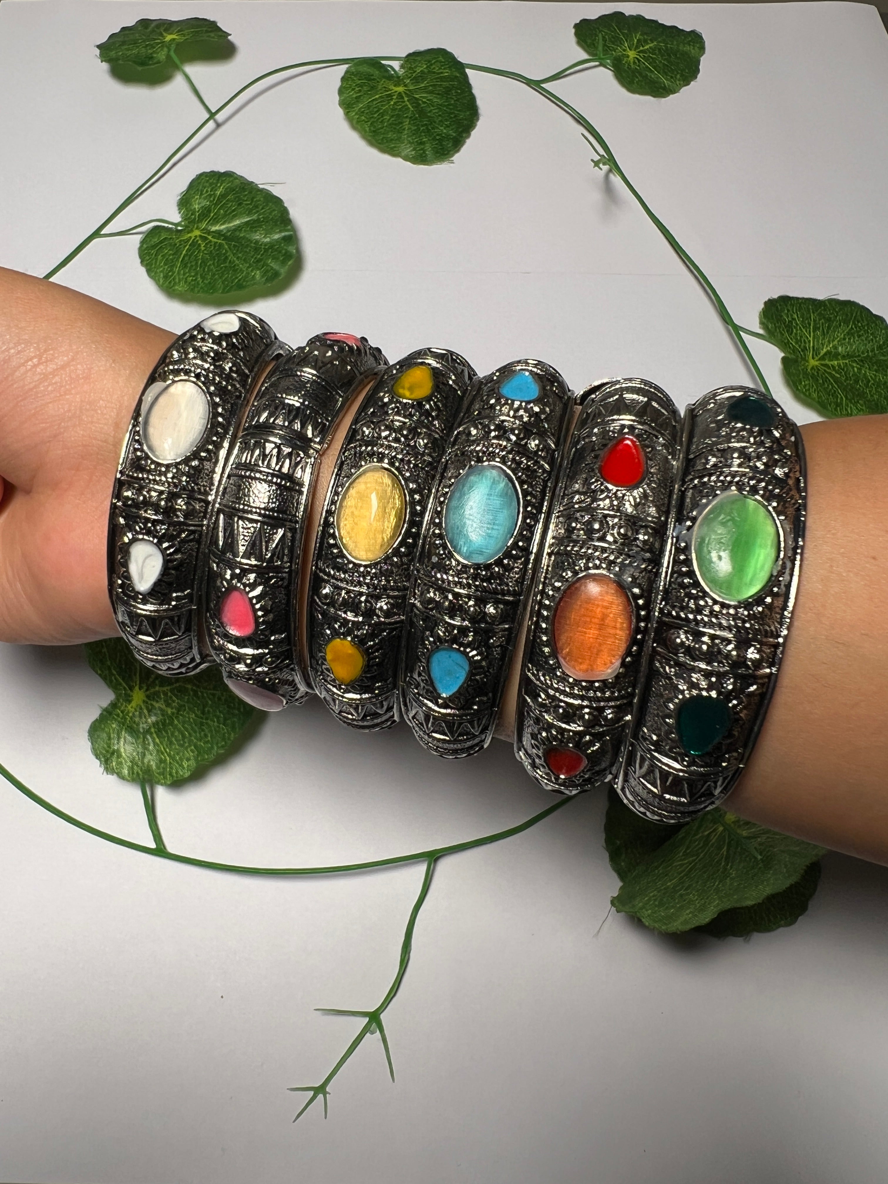 Boho Color Gem Bangles | Silver Plated